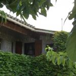 A l'&eacute;tage, l'entr&eacute;e du studio dans son &eacute;crin de verdure.